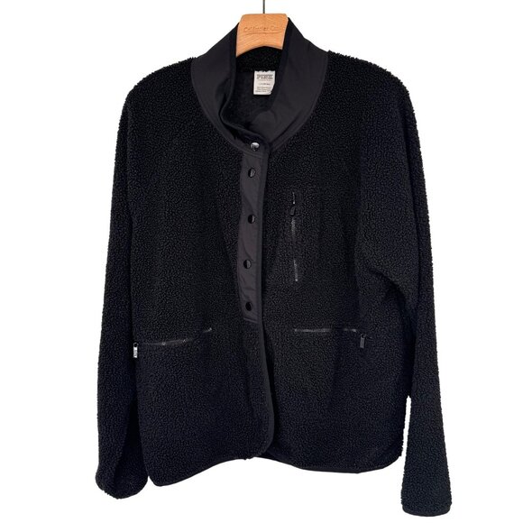 Victorias Secret Pink Black Sherpa Fleece Jacket size large Snap pockets - Picture 1 of 12